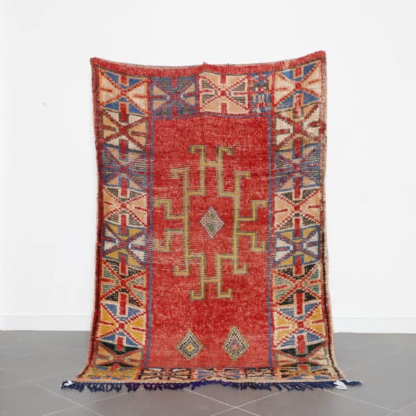Azilal Rug Red 7.5x5.0 Ft handmade in Morocco with bold motifs