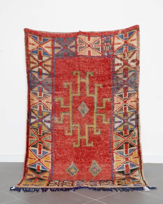 Azilal Rug Red 7.5x5.0 Ft handmade in Morocco with bold motifs