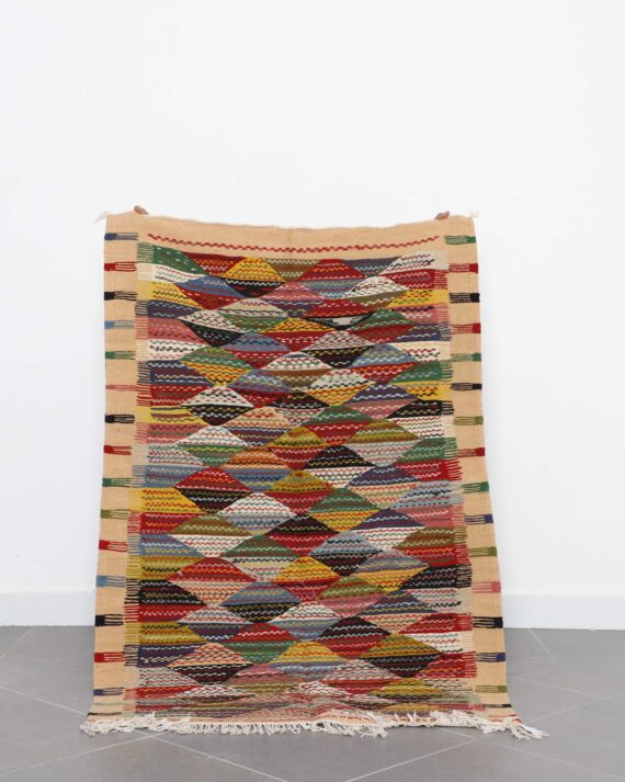 Kilim Rug Pecasso 4.9x3.3 Ft handmade in Morocco with abstract Amazigh motifs
