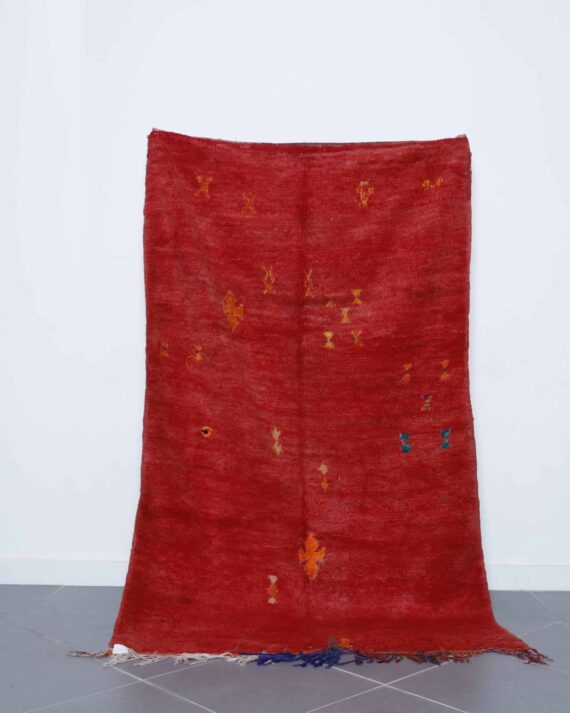 Red Boujaad Carpet 7.3x4.4 Ft handmade in Morocco with Amazigh motifs
