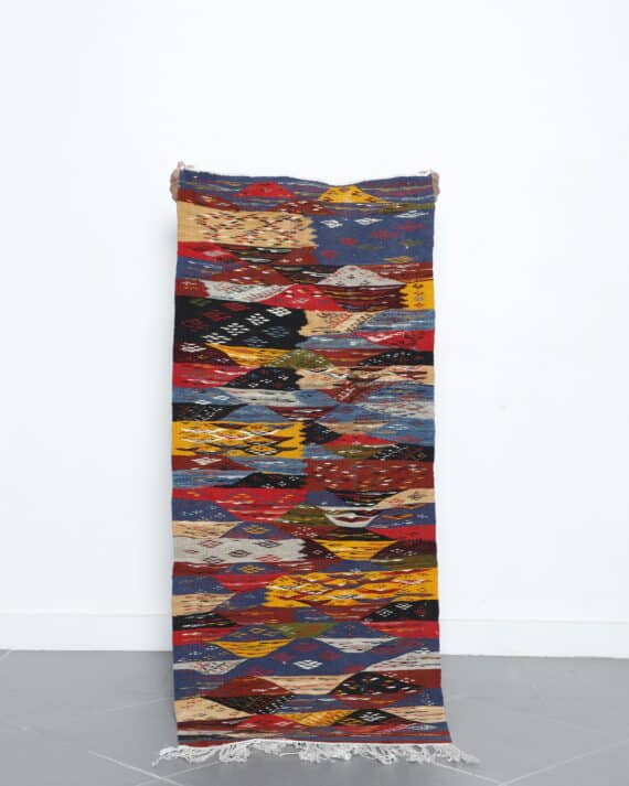 Colorful Taznakht Kilim 4.9x2.2 Ft handmade in Morocco with tribal patterns