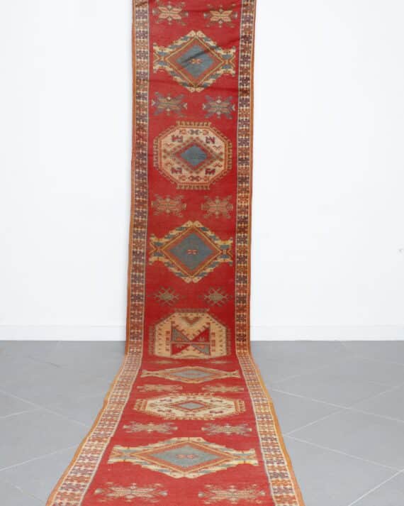 Handwoven Moroccan Taznakht runner 14.9x2.9 Ft with traditional Amazigh motifs and earth-tone design
