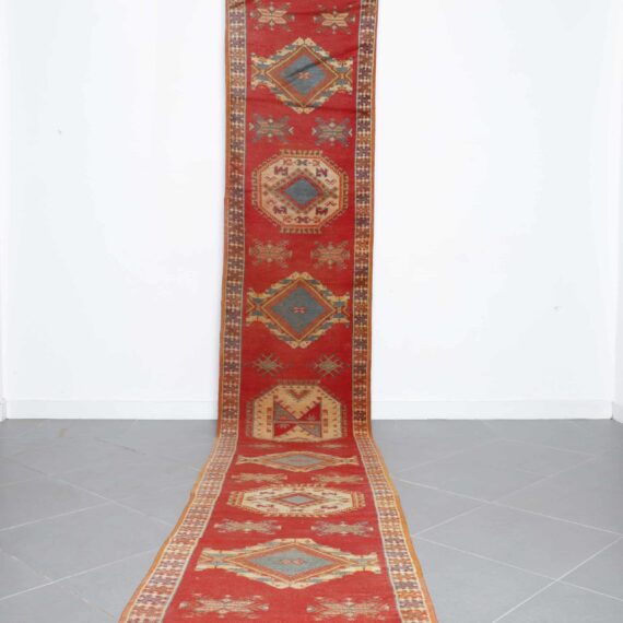 Handwoven Moroccan Taznakht runner 14.9x2.9 Ft with traditional Amazigh motifs and earth-tone design