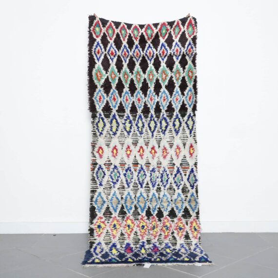 Boucherouite rug 7.4x2.9 Ft handmade in Morocco with colorful recycled textiles and abstract patterns