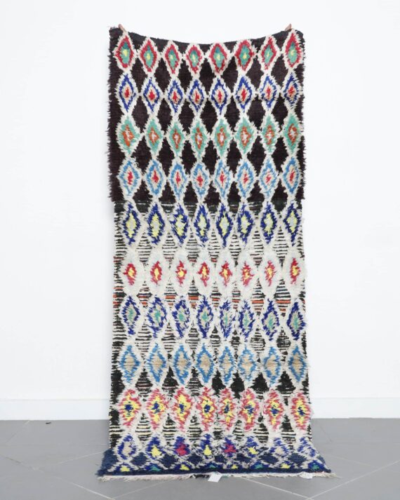 Boucherouite rug 7.4x2.9 Ft handmade in Morocco with colorful recycled textiles and abstract patterns