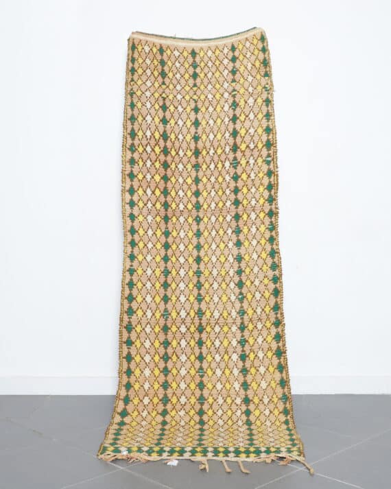Vintage Boujaad runner 8.2x2.8 Ft handwoven in Morocco with Amazigh motifs and faded colors