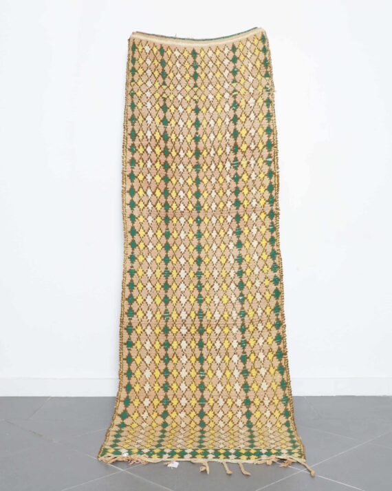 Vintage Boujaad runner 8.2x2.8 Ft handwoven in Morocco with Amazigh motifs and faded colors