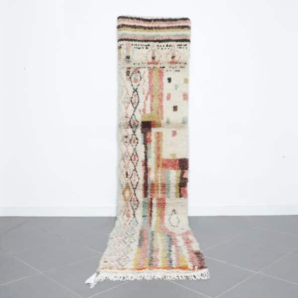 Moroccan Boujaad rug 10.9x2.3 Ft handmade with Amazigh symbols in soft wool