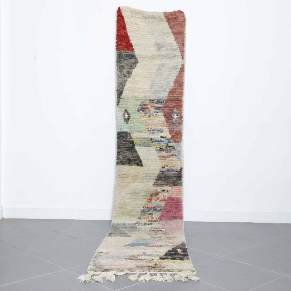 New Boujaad rug 10.9x2.2 Ft handmade in Morocco with fresh colors and Amazigh motifs