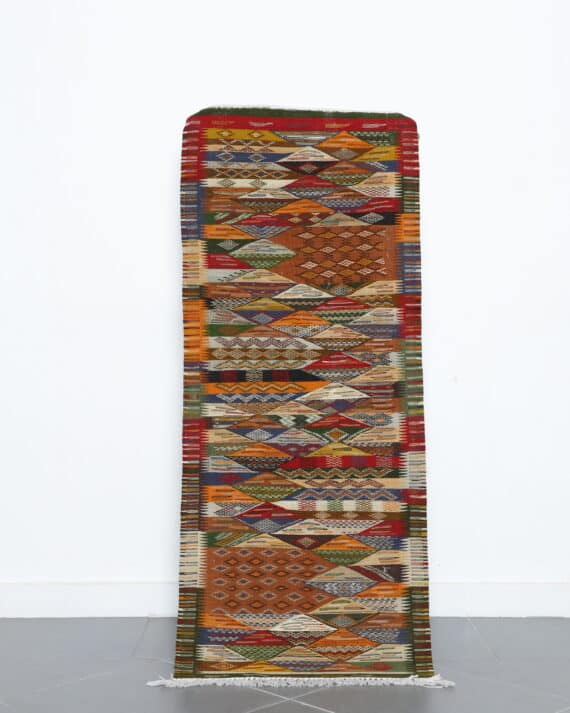 Berber rug kilim 5.3x2.2 Ft handwoven in Morocco with tribal motifs and wool flatweave