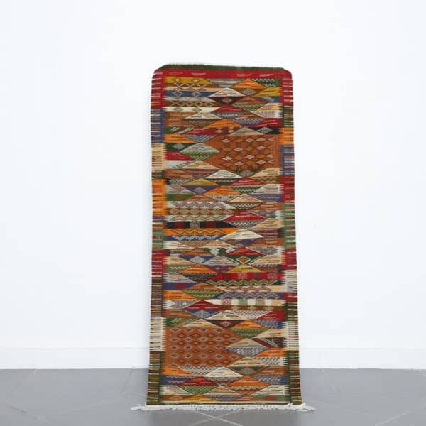 Berber rug kilim 5.3x2.2 Ft handwoven in Morocco with tribal motifs and wool flatweave