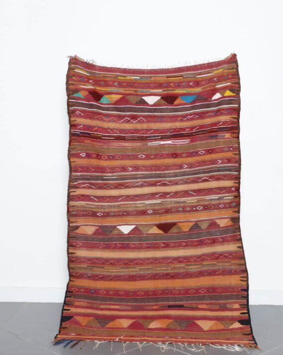 Vintage Moroccan kilim rug 5.7x3.6 Ft handmade with Berber motifs and earthy wool colors