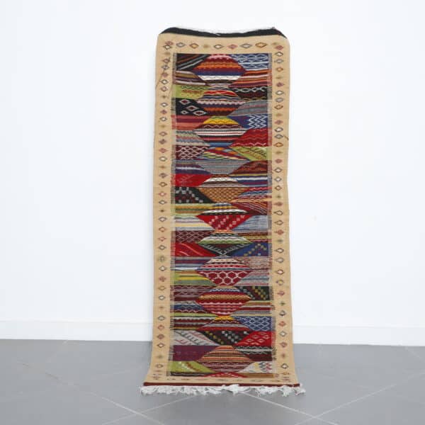 Berber carpet kilim Picasso runner 6.7x2.4 Ft handmade in Morocco with abstract tribal designs
