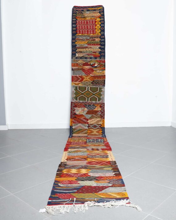 Berber carpet kilim Picasso runner 16.7x2.2 Ft handmade in Morocco with abstract geometric motifs