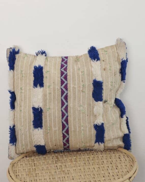 Vintage Moroccan Pillow – Handmade Berber Cushion 42×39 cm with Blue Fringe