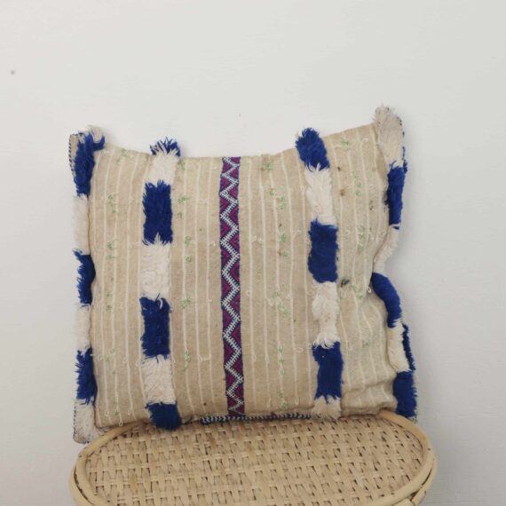 Vintage Moroccan Pillow – Handmade Berber Cushion 42×39 cm with Blue Fringe