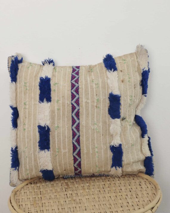 Vintage Moroccan Pillow – Handmade Berber Cushion 42×39 cm with Blue Fringe