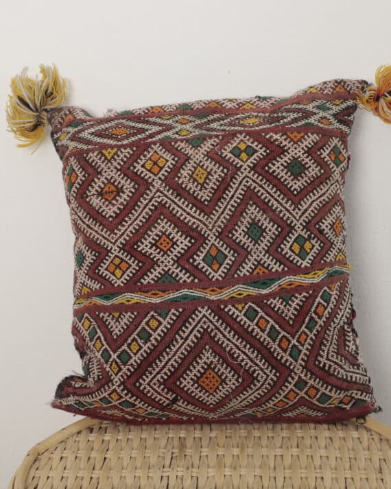 Vintage Moroccan Pillow – Handmade Berber Textile Cushion 36×37 cm with Tassels