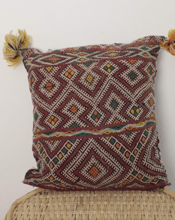 Vintage Moroccan Pillow – Handmade Berber Textile Cushion 36×37 cm with Tassels