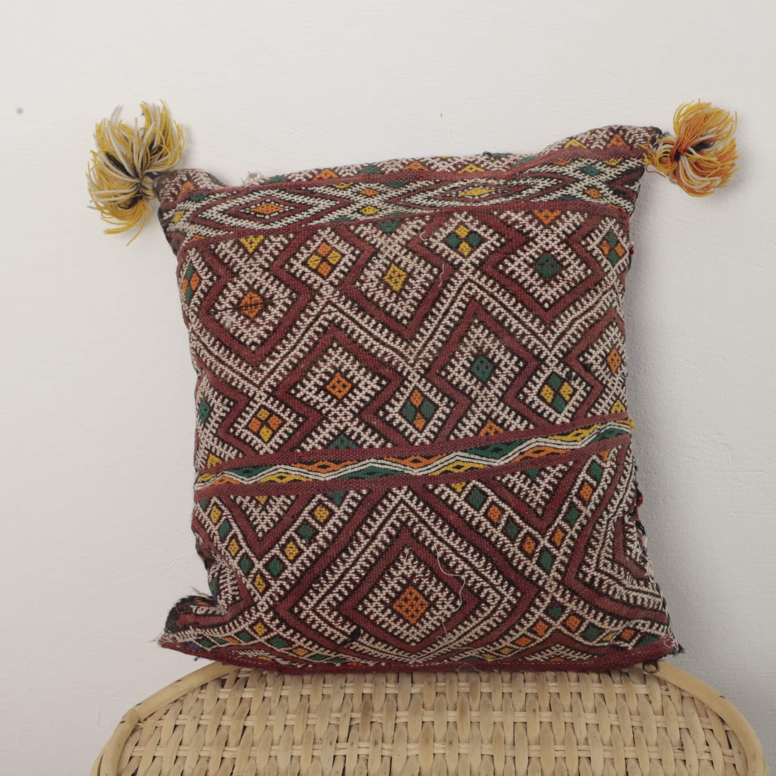 Vintage Moroccan Pillow – Handmade Berber Textile Cushion 36×37 cm with Tassels