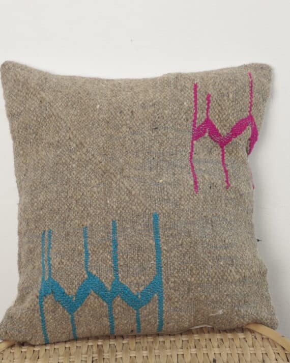 Minimalist Moroccan pillow – Handmade Wool Cushion 39×36 cm with Simple Tribal Embroidery