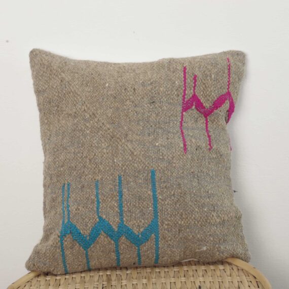 Minimalist Moroccan pillow – Handmade Wool Cushion 39×36 cm with Simple Tribal Embroidery