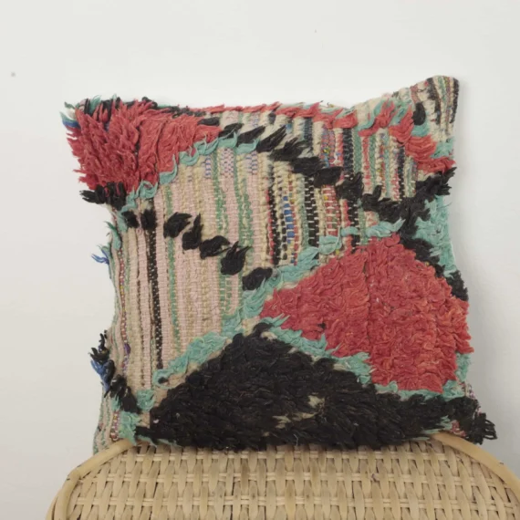 boucherouite Moroccan pillow – Handmade Textured Cushion 39×36 cm Colorful Boho Décor