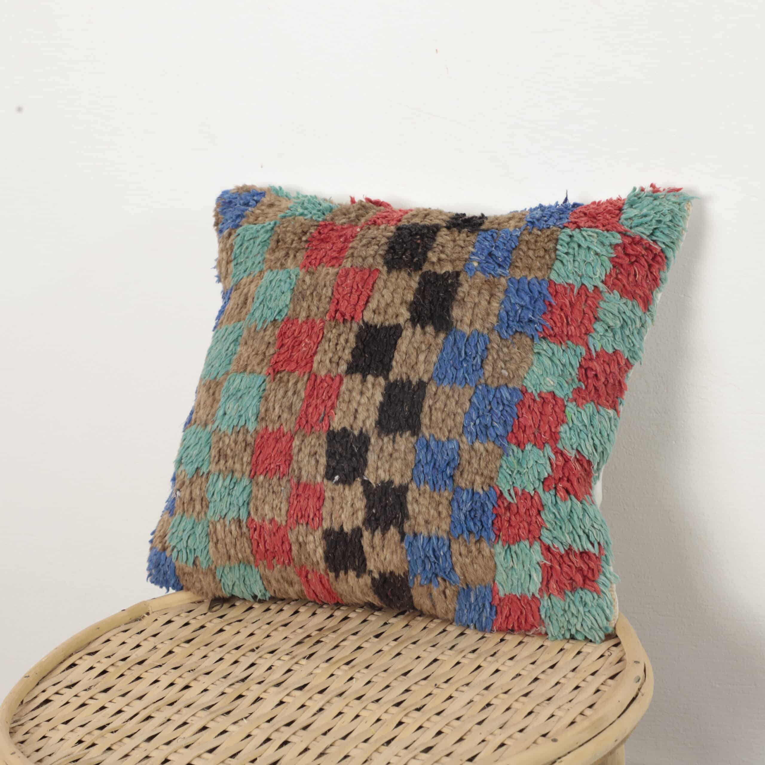 Moroccan checkered pillow – Handmade Wool Cushion 36×30 cm Colorful Vintage Boho Decor - Image 4