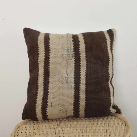 Handwoven Moroccan kilim pillow with brown and beige stripes