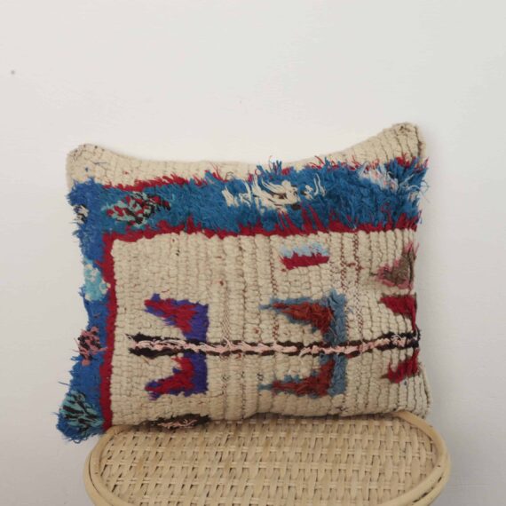 Moroccan Azilal wool pillow with shaggy texture and handmade Berber motifs
