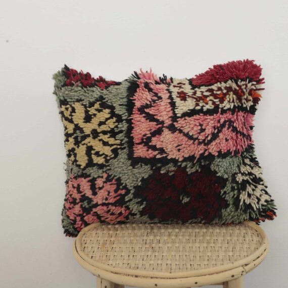 Moroccan high pile pillow with handmade Berber wool and tribal patterns
