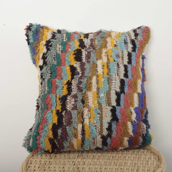 Moroccan earthy striped wool pillow with handmade texture