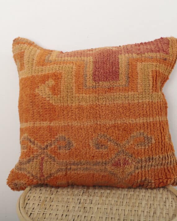 Moroccan orange geometric wool pillow handmade Berber cushion