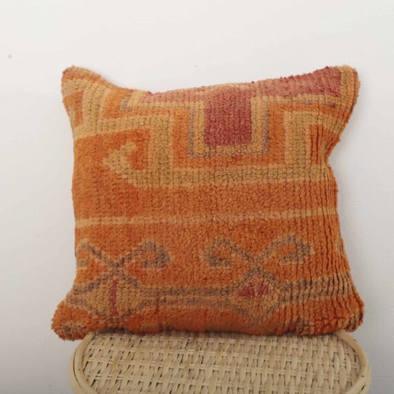 Moroccan orange geometric wool pillow handmade Berber cushion