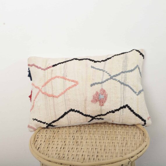 Moroccan Berber lumbar pillow in ivory wool with colorful geometric stitching, handmade decorative cushion 46x30 cm