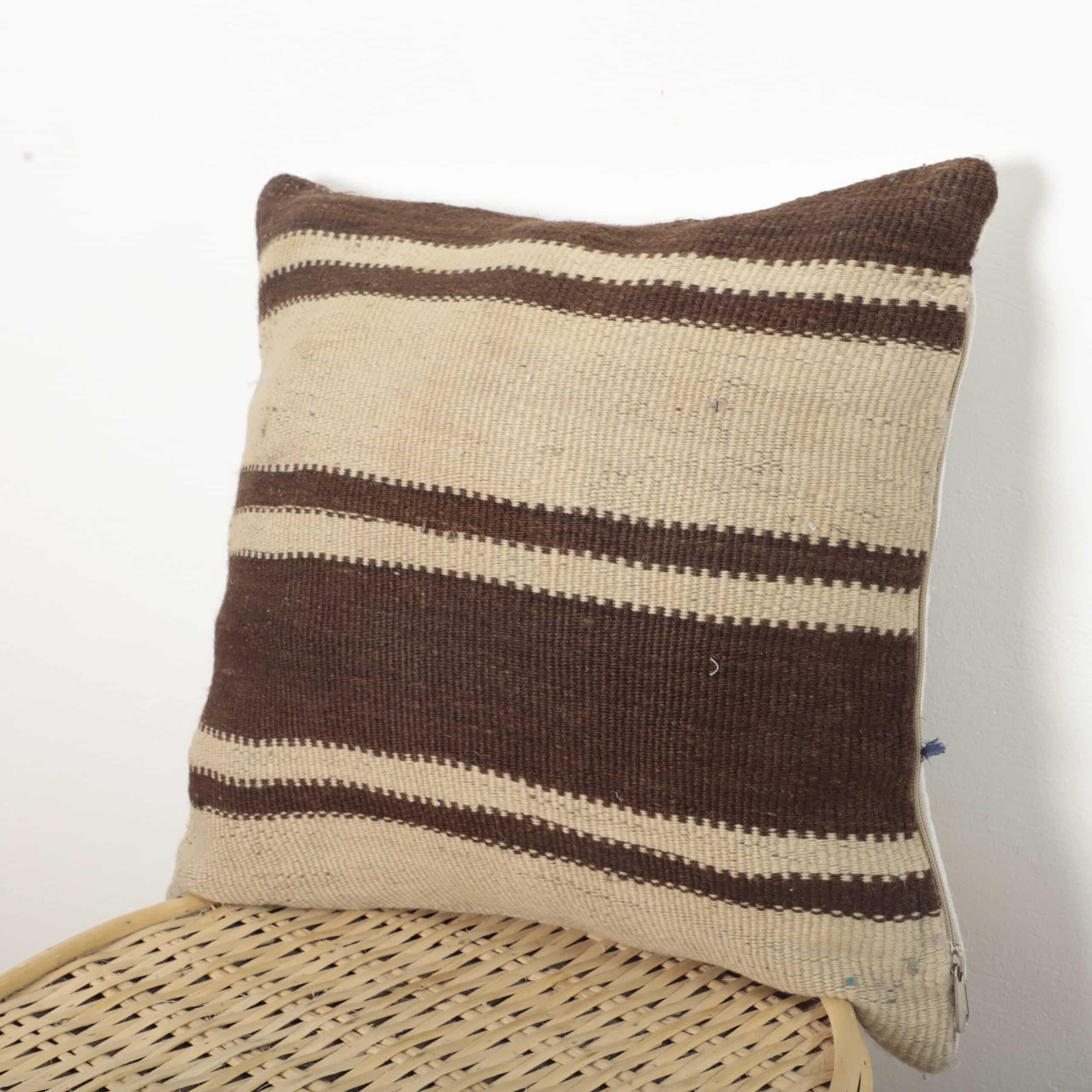 Neutral Moroccan Kilim Cushion 43x39 cm – Handmade Berber Pillow with Brown Stripes - Image 2