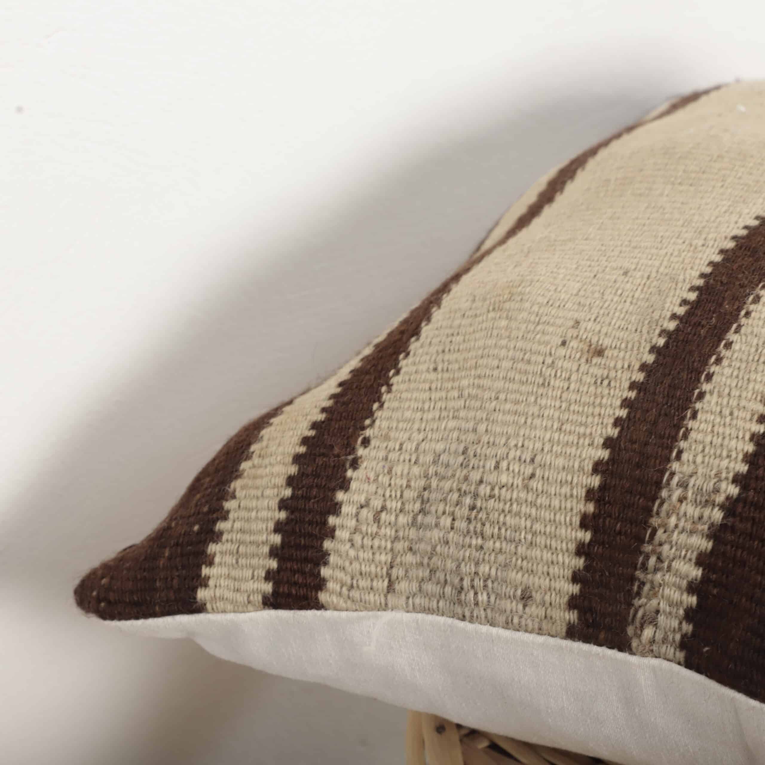 Neutral Moroccan Kilim Cushion 43x39 cm – Handmade Berber Pillow with Brown Stripes - Image 8