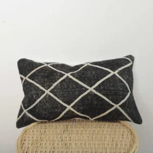 Handmade Moroccan Lumbar Pillow – Black Berber Diamond Cushion