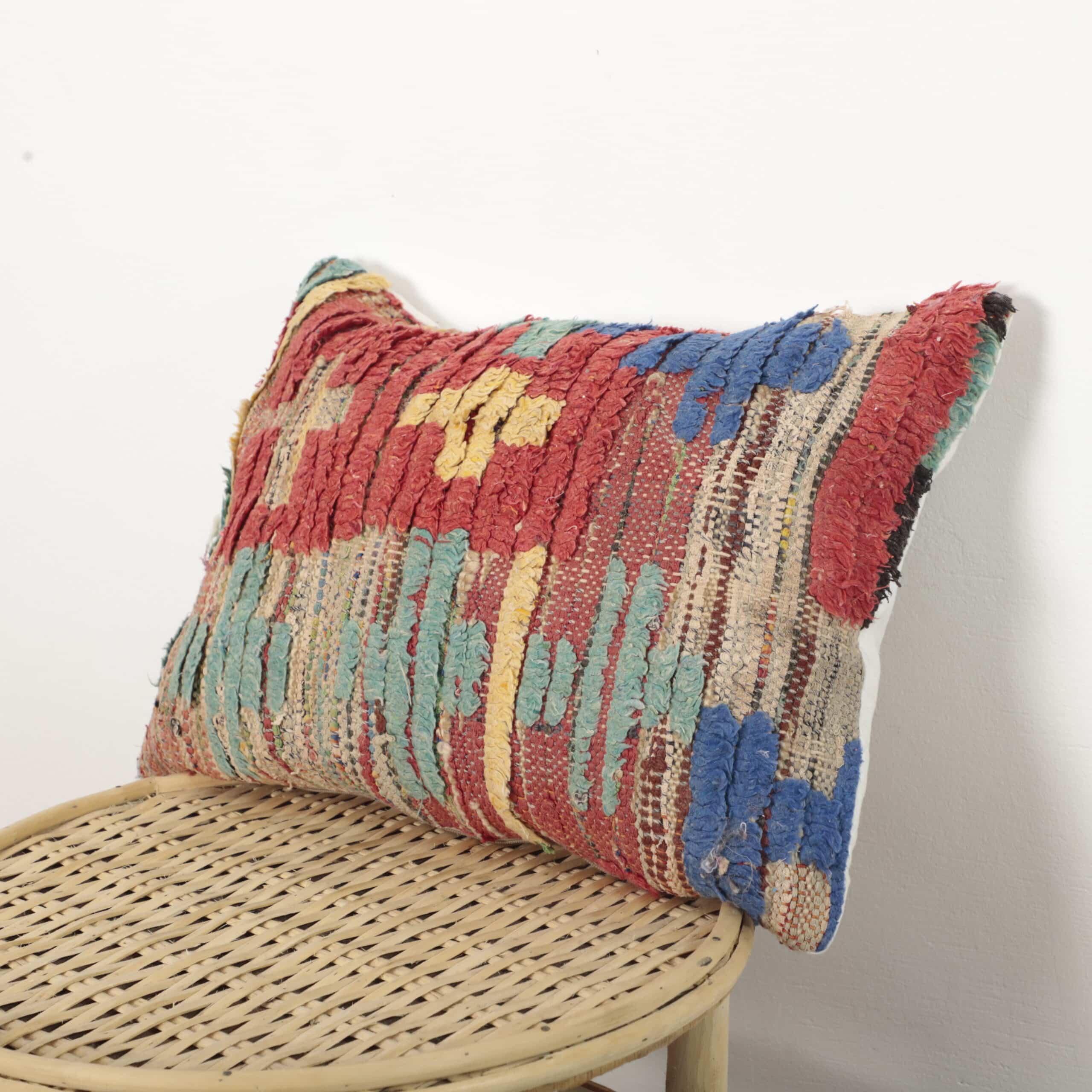 Boucherouite Moroccan Pillow 45x32 cm – Handmade Vintage Berber Cushion - Image 6